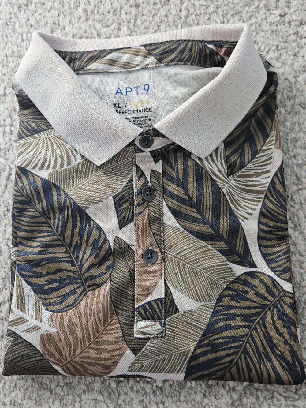 Apt. 9 Premier Flex Performance Tropical Leaf Polo in Navy and Beige, Size XL - Picture 3 of 8